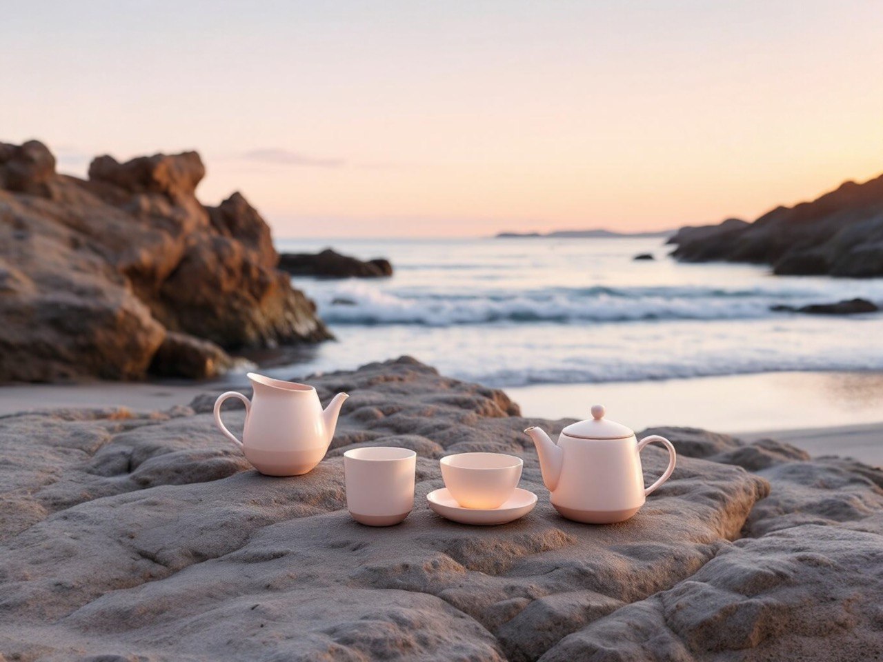Reise-Teeset mit Tassen und Teekanne auf einem Stein am Meer – perfekt für Teegenuss unterwegs