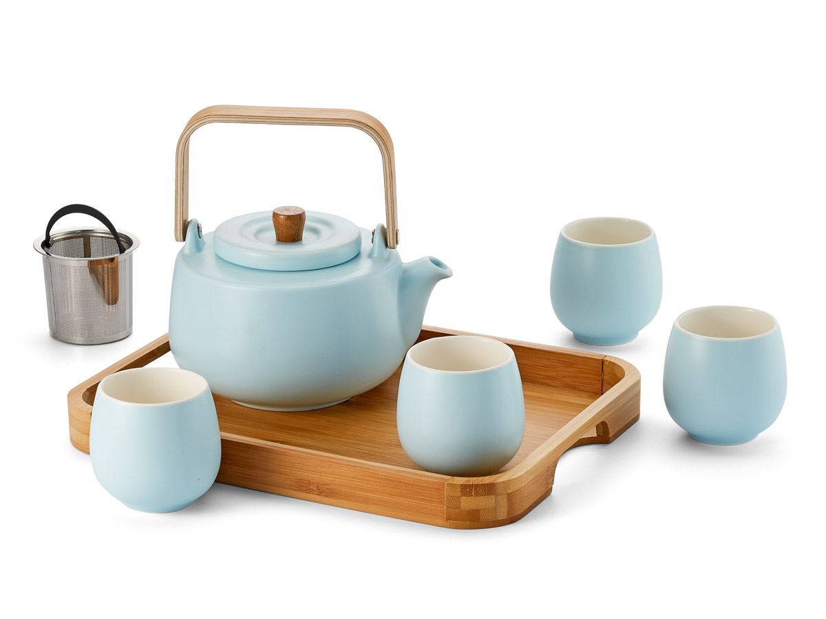 Tee-Set aus Porzellan mit Teekanne, vier Tassen, Edelstahlsieb & Bambustablett