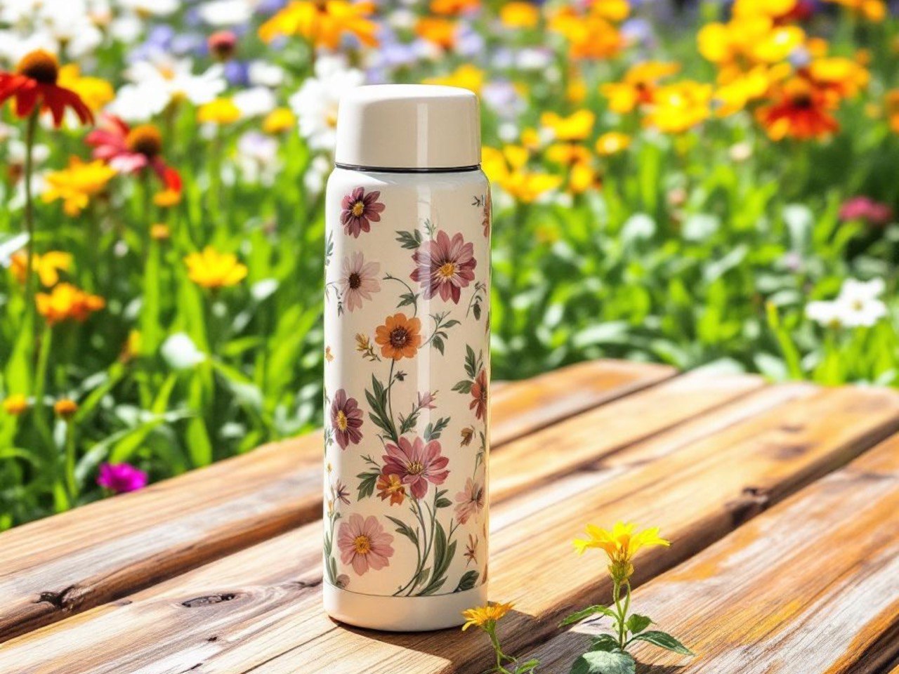Thermoskanne mit Blumenmotiv im Garten – ideal für Tee und Kaffee unterwegs