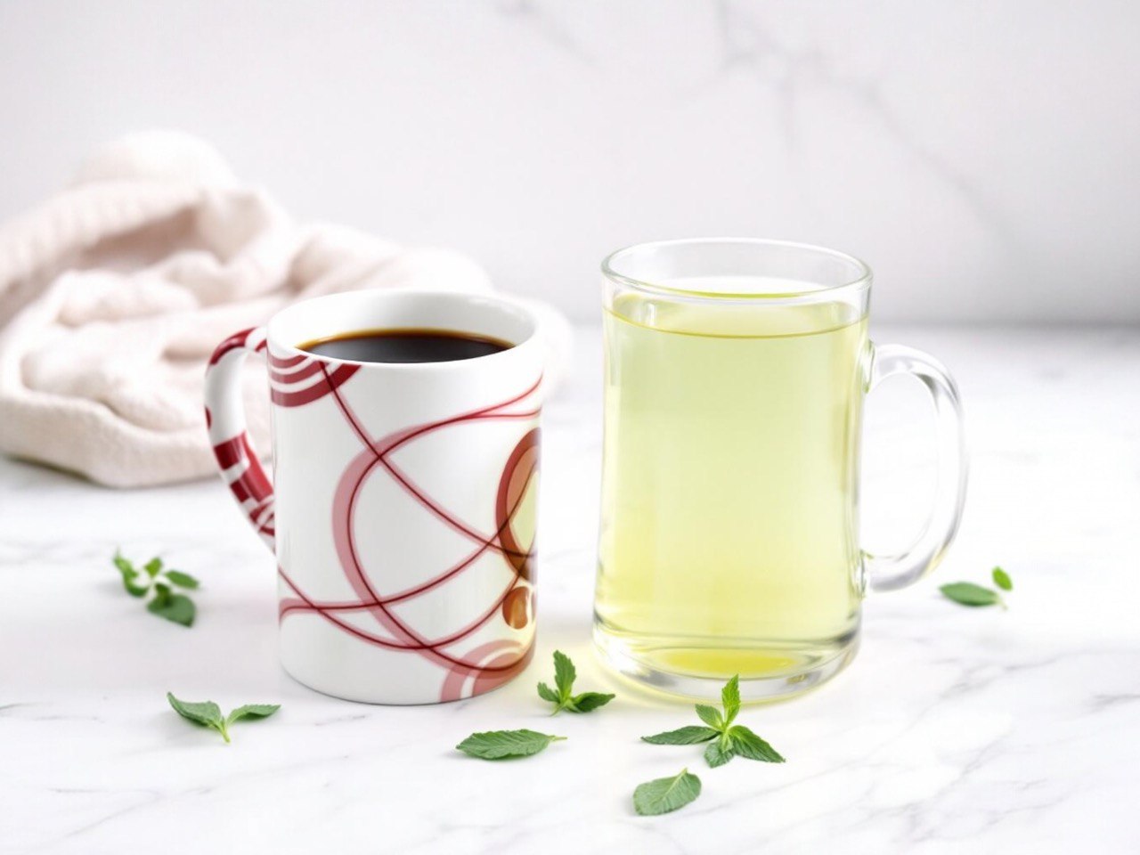 Tasse mit grünem Tee auf einem weißen Tisch – ideal für stilvollen Teegenuss