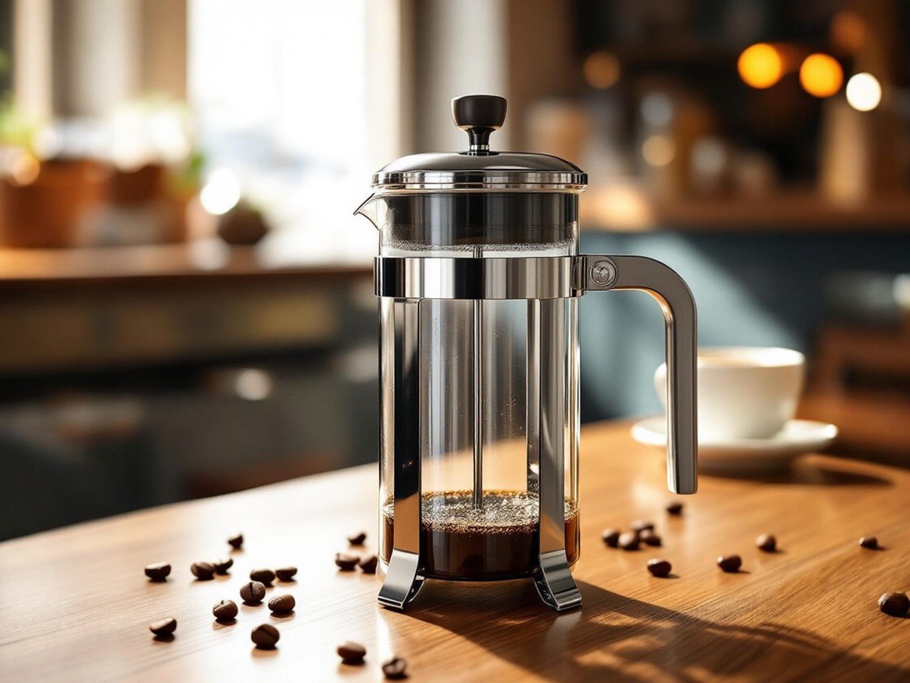 French Press Kaffeebereiter aus Glas auf Holztisch mit Kaffeebohnen – stilvolles Kaffeezubehör für aromatischen Kaffeegenuss bei Potio.