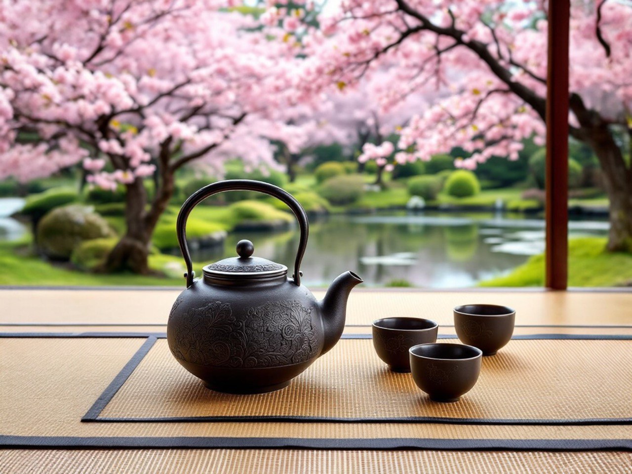 Traditionelles Tee-Set mit Kanne und zwei Tassen auf Tatami unter Kirschblüten