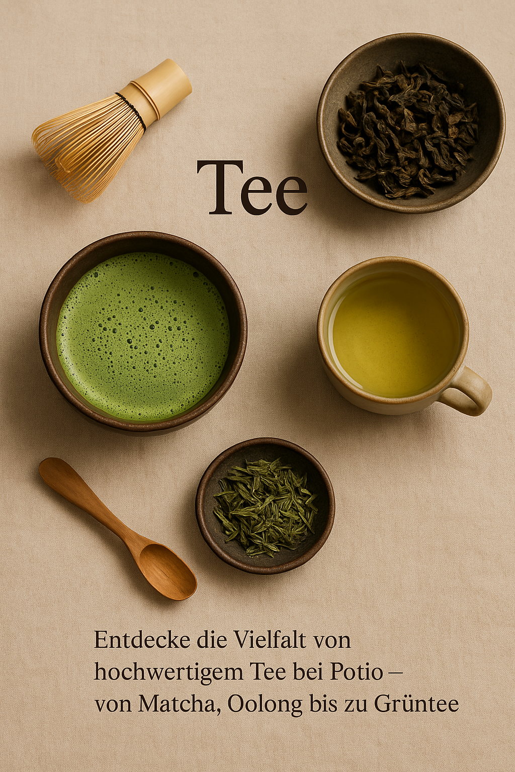 Drei edle Teesorten – Matcha, Oolong und Grüntee – serviert in Keramikschalen auf beigem Hintergrund, fotografiert für die Tee-Kollektion von Potio Wien.