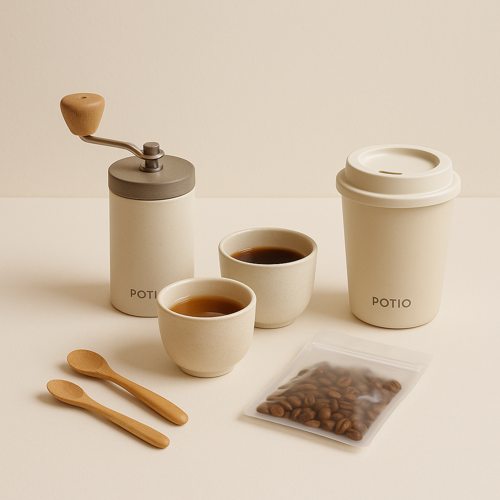 Ein Foto zeigt Zubehör für Kaffee und Tee: eine manuelle Kaffeemühle, zwei Keramiktassen mit Tee, einen beigen Mehrwegbecher mit Potio-Logo, Holzlöffel und einen Beutel mit Kaffeebohnen, arrangiert auf einem weichen, neutralen Hintergrund.