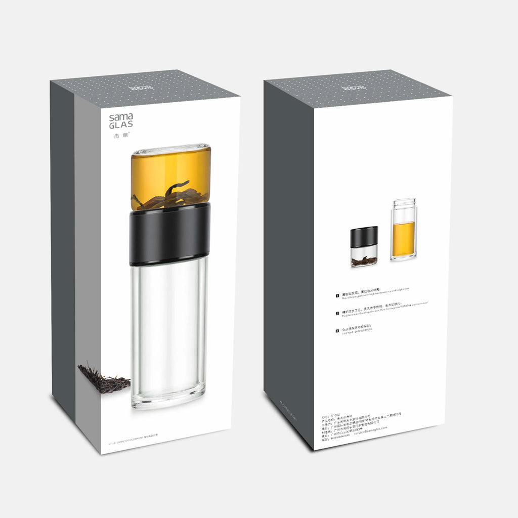 Transparente Tee-Trinkflasche 238 ml mit schwarzem Edelstahldeckel
