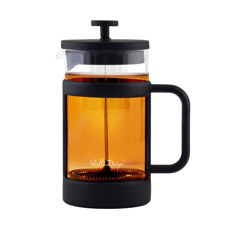 Vialli Design Senso French Press, 1 Liter – mit schwarzem Griff und heißem Tee im Glasbehälter
