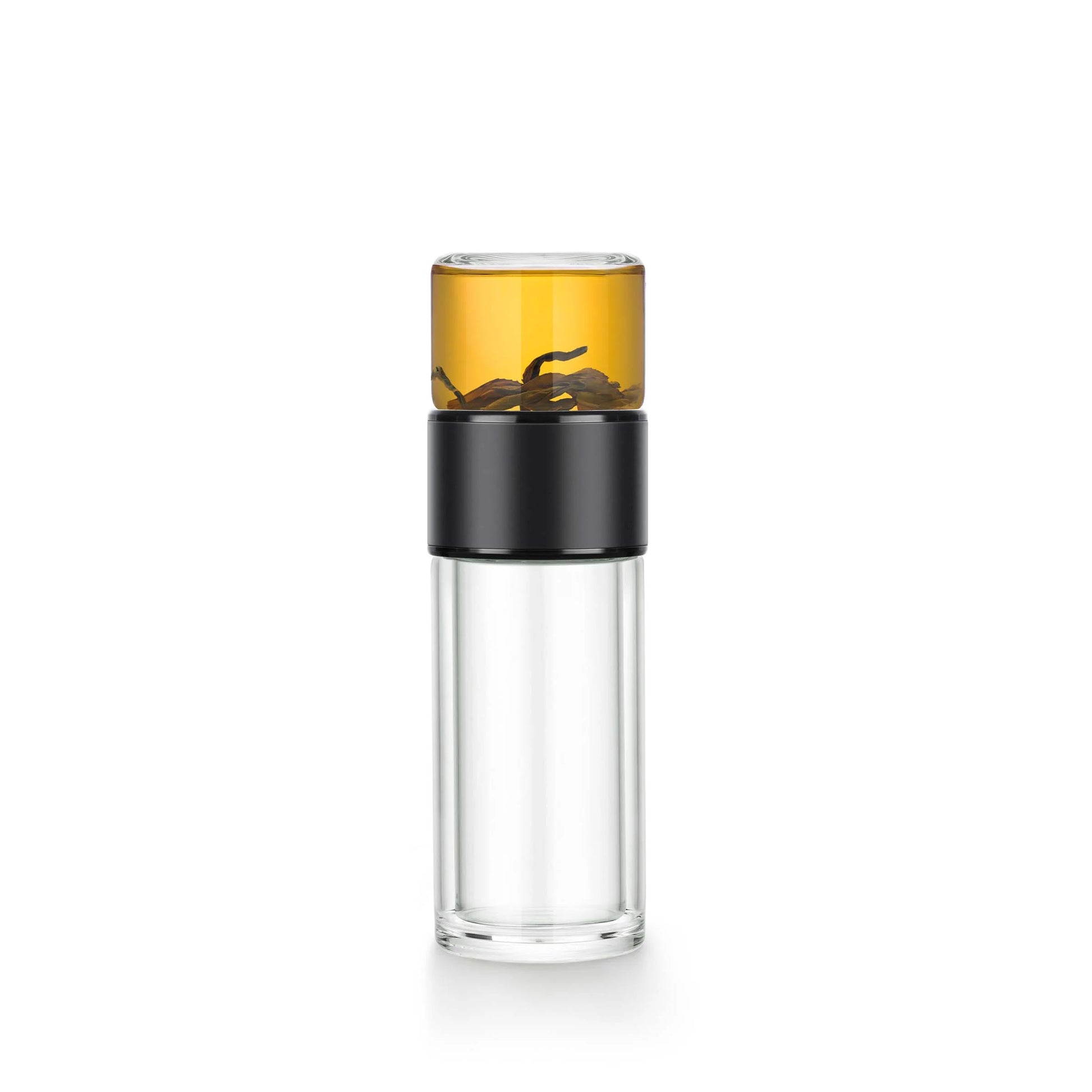 Transparente Tee-Trinkflasche 238 ml mit schwarzem Edelstahldeckel
