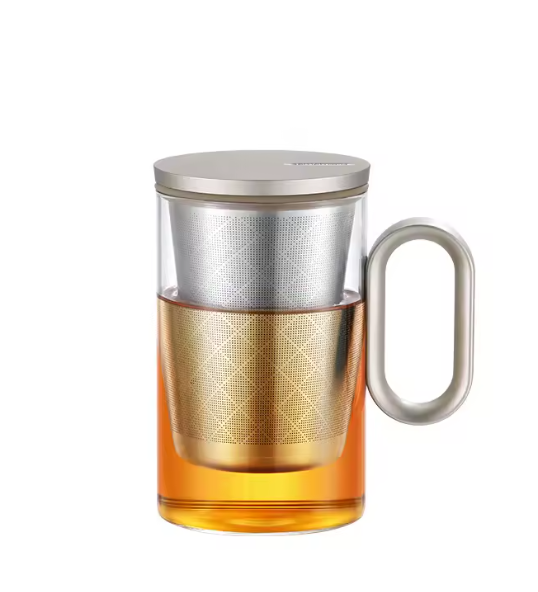 Moderne 500 ml Glas-Teekanne mit magnetischem Edelstahlsieb und Aluminiumdeckel in Gold-Grau
