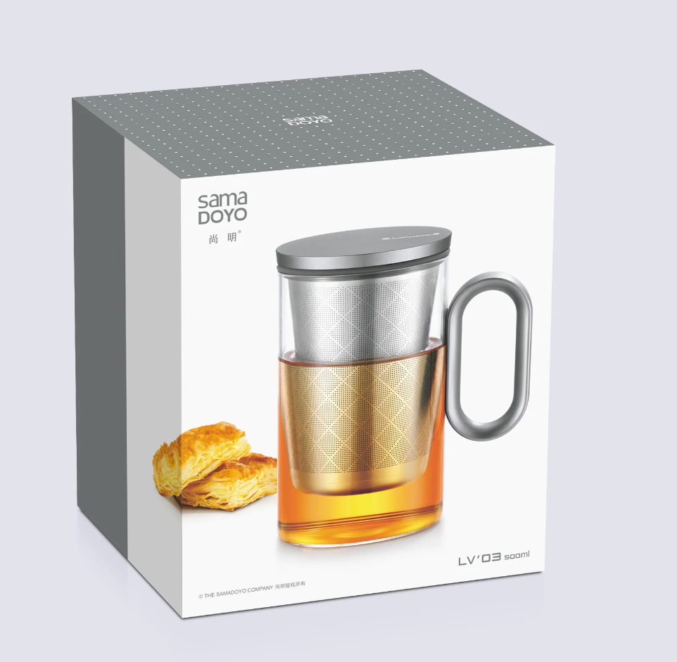 SAMA DOYO Teekanne 500 ml mit Aluminiumdeckel, herausnehmbarem Sieb und Glasteekörper im Set dargestellt
