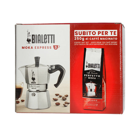 Bialetti Moka Express 3 Tassen mit gemahlenem Kaffee Perfetto Moka Classico 250 g – Geschenkset in Originalverpackung
