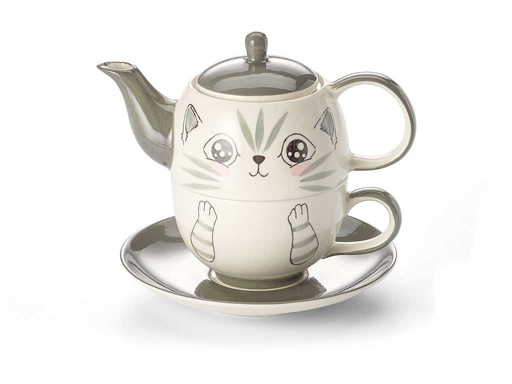 Handbemaltes Tea-for-one Set mit Katzendesign bestehend aus Kanne, Tasse und Unterteller