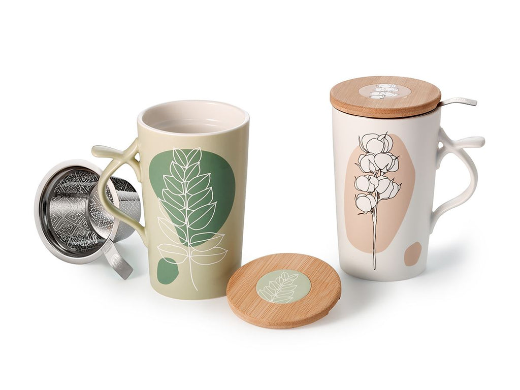 Grüner Teamug aus Bone China mit Edelstahlsieb und Bambusdeckel