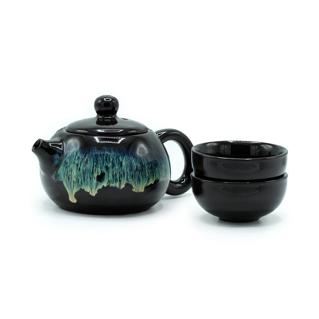 Keramik-Teeset „Dunkelbraune Glasur“ mit Teekanne und zwei Schalen im Sandmuster-Stil
