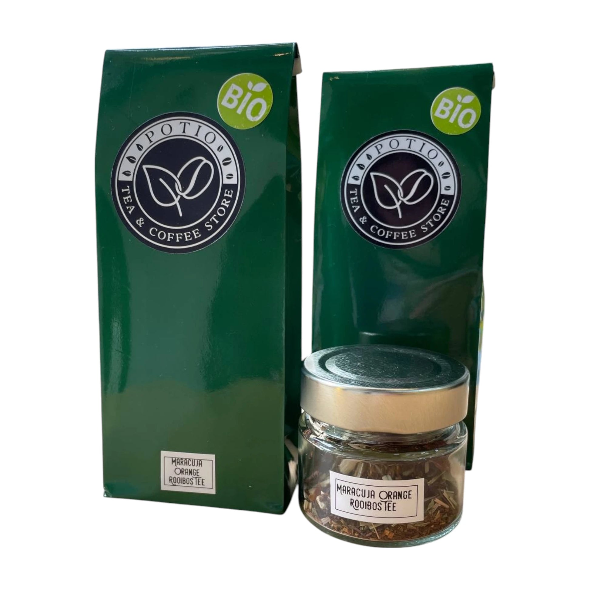 Fruchtige Bio-Teemischung mit grünem Rooibos, Orange und Zitronengras im Glasbeutel